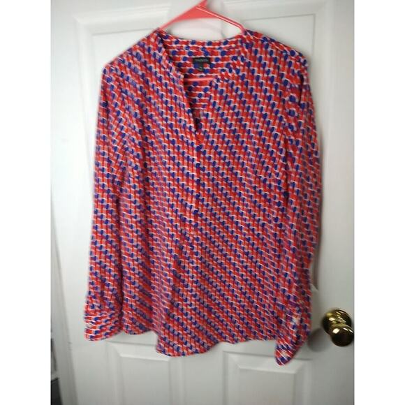 Talbots Woman M Blouse Red Blue Plpolka Dot Long Button Sleeve Semi Sheer - Picture 1 of 10